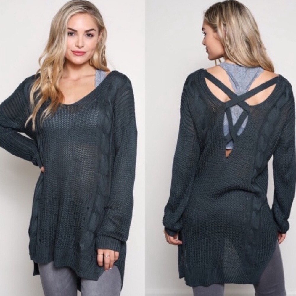 SARCELLE // Teal Criss Cross Back Tunic Sweater
